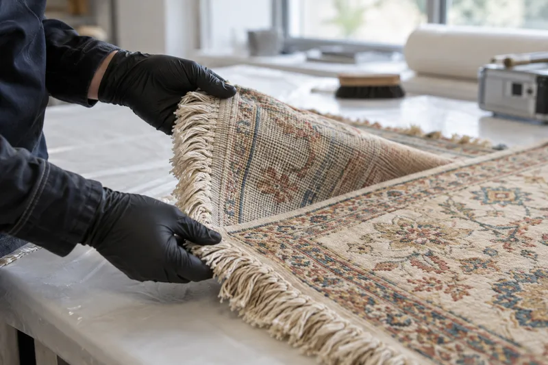 Gloved inspection of a rug backing and fringe