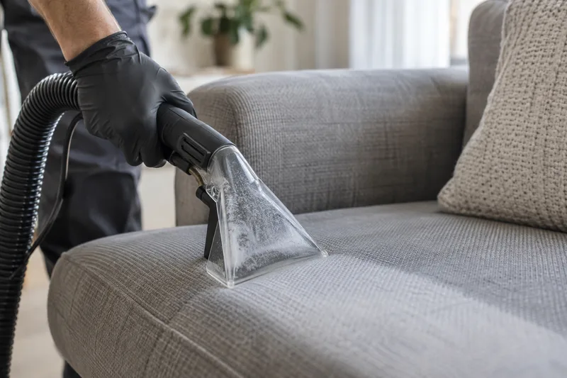 Upholstery extraction nozzle on a fabric sofa seat