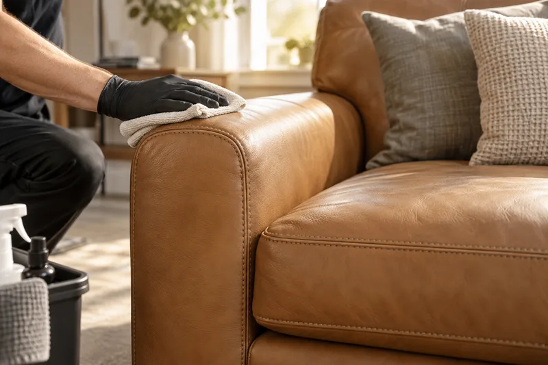 Leather armrest receiving gentle surface care