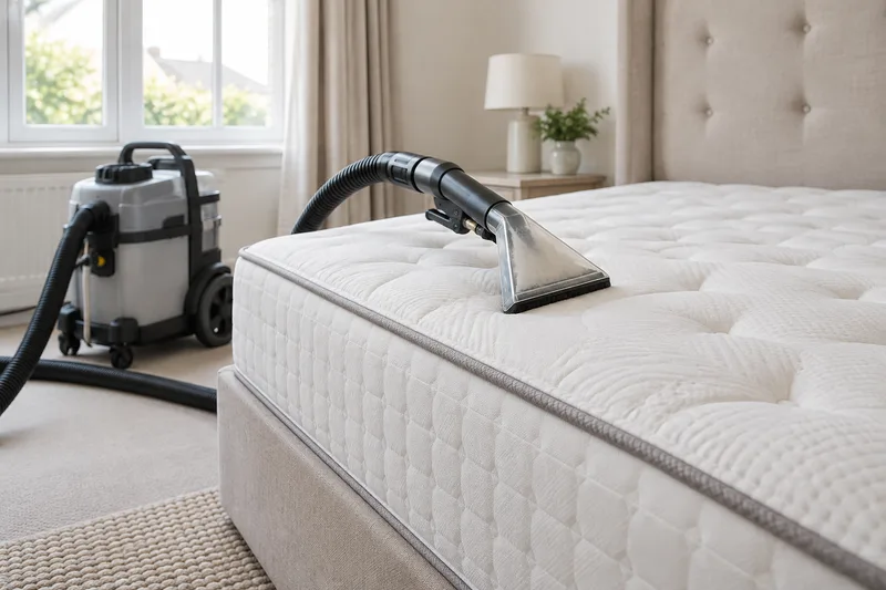 Upholstery tool positioned on a bare mattress