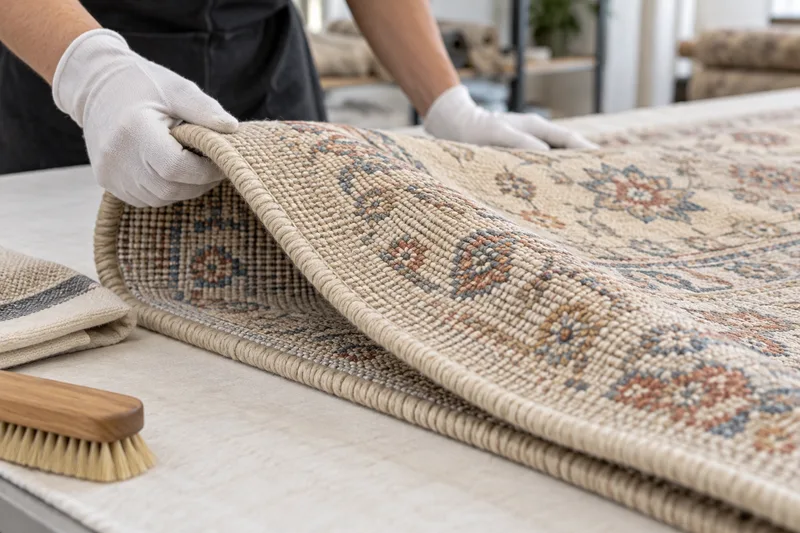 Gloved hands inspecting a rug edge and backing