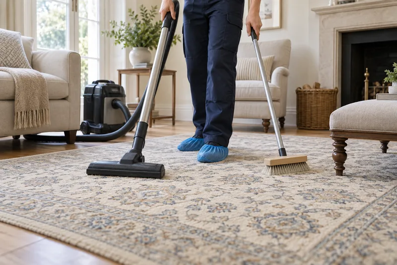 Rug preparation with a vacuum and soft brush