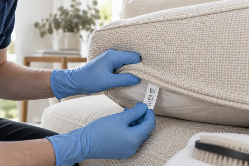 Upholstery care label being inspected