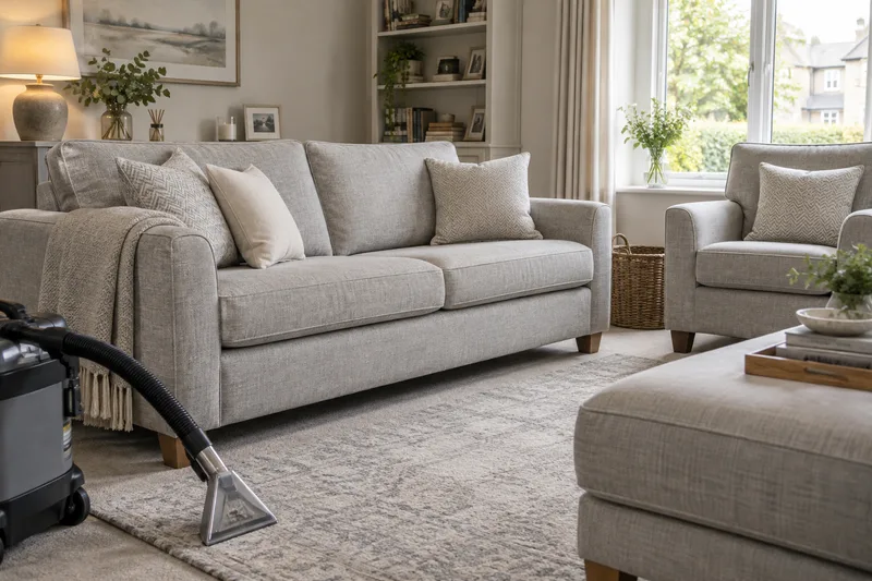 Fabric sofa and armchair in a bright room