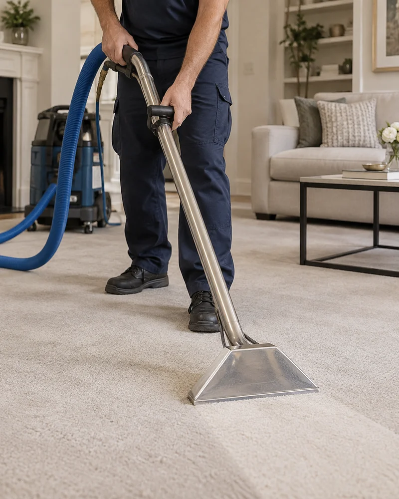 Extraction wand and portable cleaning machine on a fitted carpet