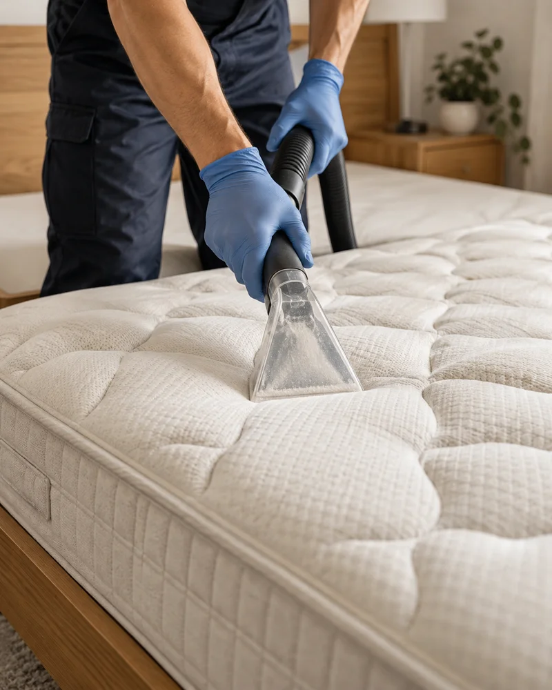 Cleaning tool positioned on a mattress