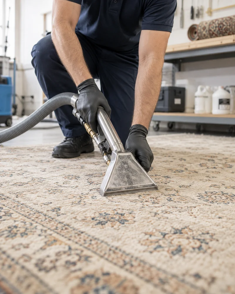 Patterned rug being assessed for cleaning