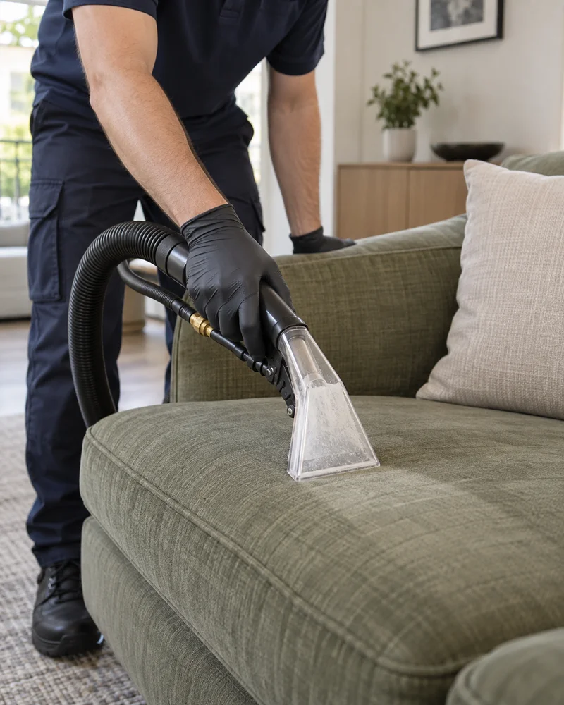 Upholstery cleaning equipment on a fabric sofa